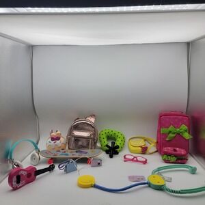 LOT OF 18IN DOLL Accessories, 16 total, Lugage, skate board, headphones and more